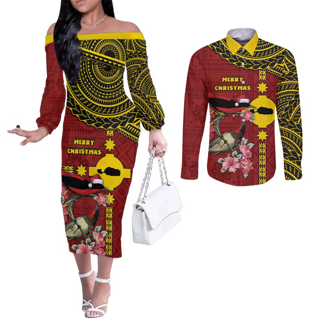 Rotuma Christmas Couples Matching Off The Shoulder Long Sleeve Dress and Long Sleeve Button Shirt Rotuma Myzomela Birds With Hibiscus Flowers DT05 Red - Polynesian Pride