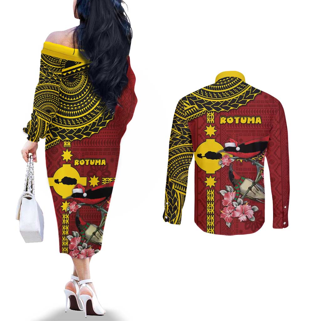 Rotuma Christmas Couples Matching Off The Shoulder Long Sleeve Dress and Long Sleeve Button Shirt Rotuma Myzomela Birds With Hibiscus Flowers DT05 - Polynesian Pride
