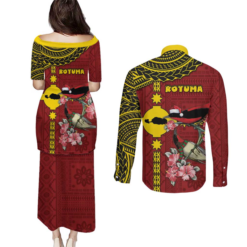 Rotuma Christmas Couples Matching Puletasi and Long Sleeve Button Shirt Rotuma Myzomela Birds With Hibiscus Flowers - Polynesian Pride