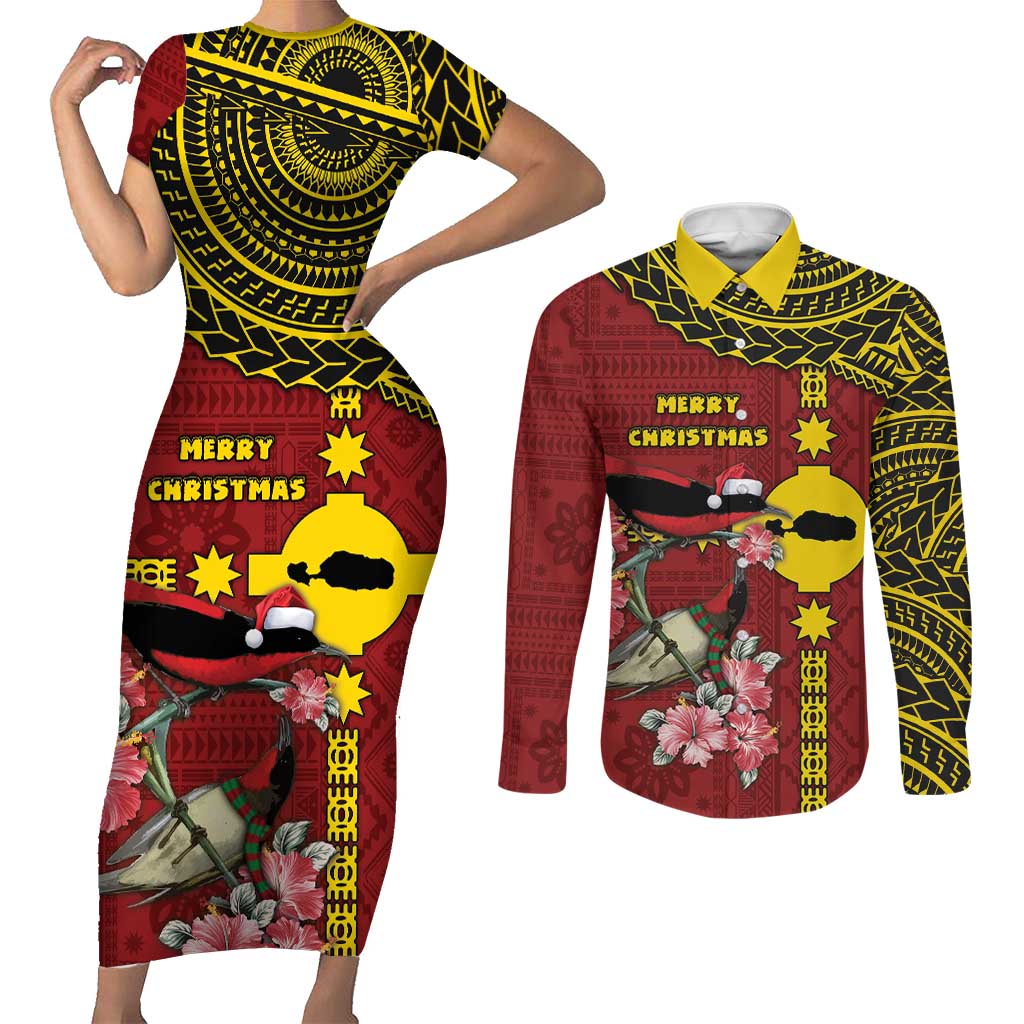 Rotuma Christmas Couples Matching Short Sleeve Bodycon Dress and Long Sleeve Button Shirt Rotuma Myzomela Birds With Hibiscus Flowers DT05 Red - Polynesian Pride