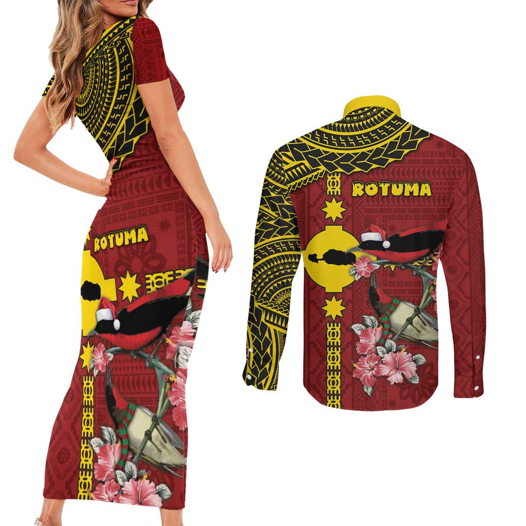 Rotuma Christmas Couples Matching Short Sleeve Bodycon Dress and Long Sleeve Button Shirt Rotuma Myzomela Birds With Hibiscus Flowers DT05 - Polynesian Pride