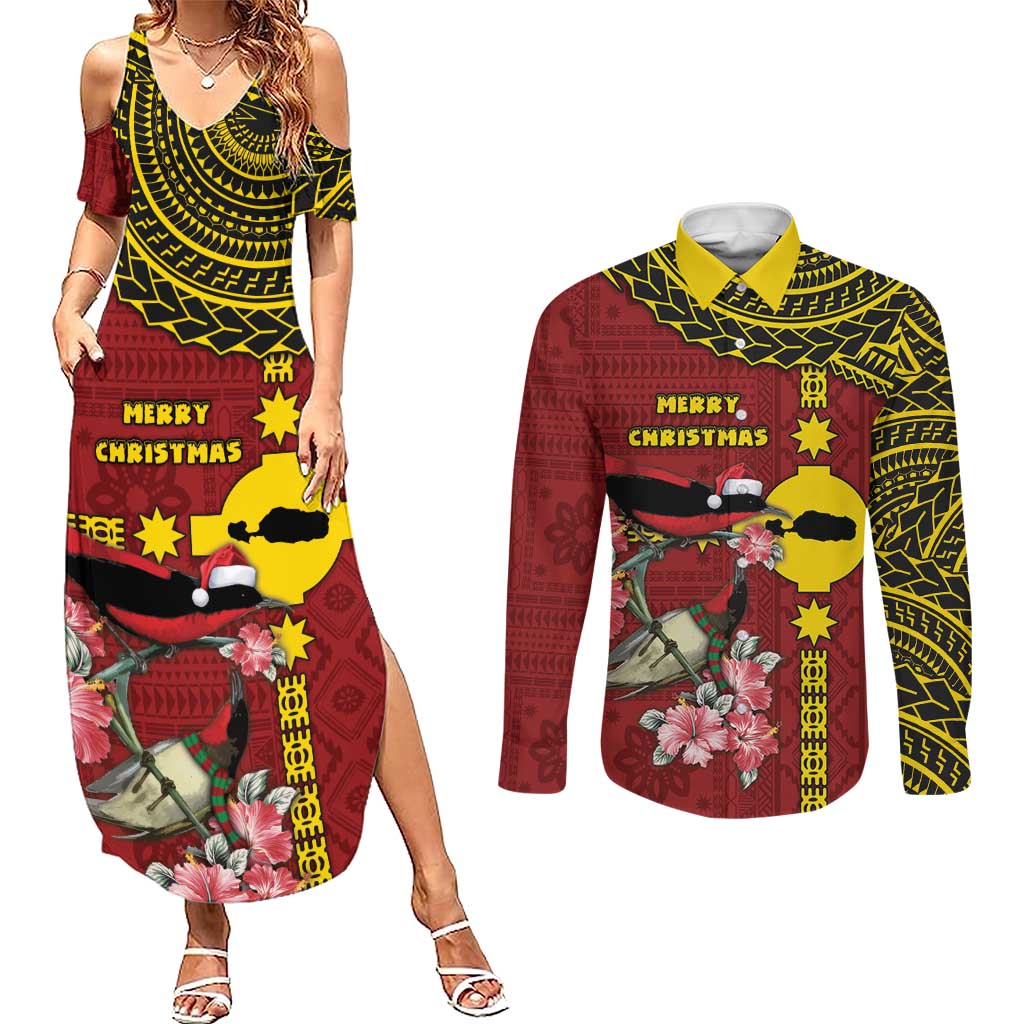 Rotuma Christmas Couples Matching Summer Maxi Dress and Long Sleeve Button Shirt Rotuma Myzomela Birds With Hibiscus Flowers DT05 Red - Polynesian Pride