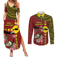 Rotuma Christmas Couples Matching Summer Maxi Dress and Long Sleeve Button Shirt Rotuma Myzomela Birds With Hibiscus Flowers DT05 Red - Polynesian Pride