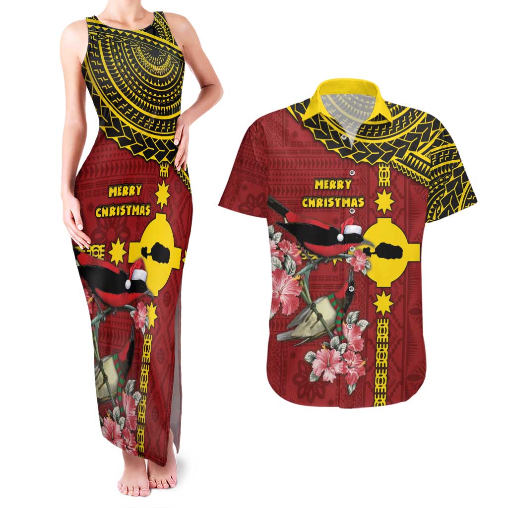 Rotuma Christmas Couples Matching Tank Maxi Dress and Hawaiian Shirt Rotuma Myzomela Birds With Hibiscus Flowers DT05 Red - Polynesian Pride
