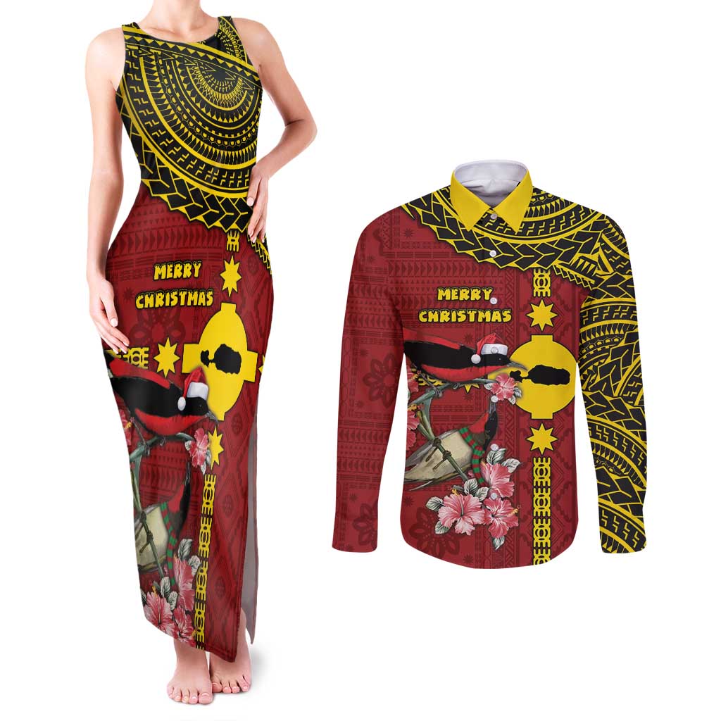 Rotuma Christmas Couples Matching Tank Maxi Dress and Long Sleeve Button Shirt Rotuma Myzomela Birds With Hibiscus Flowers DT05 Red - Polynesian Pride