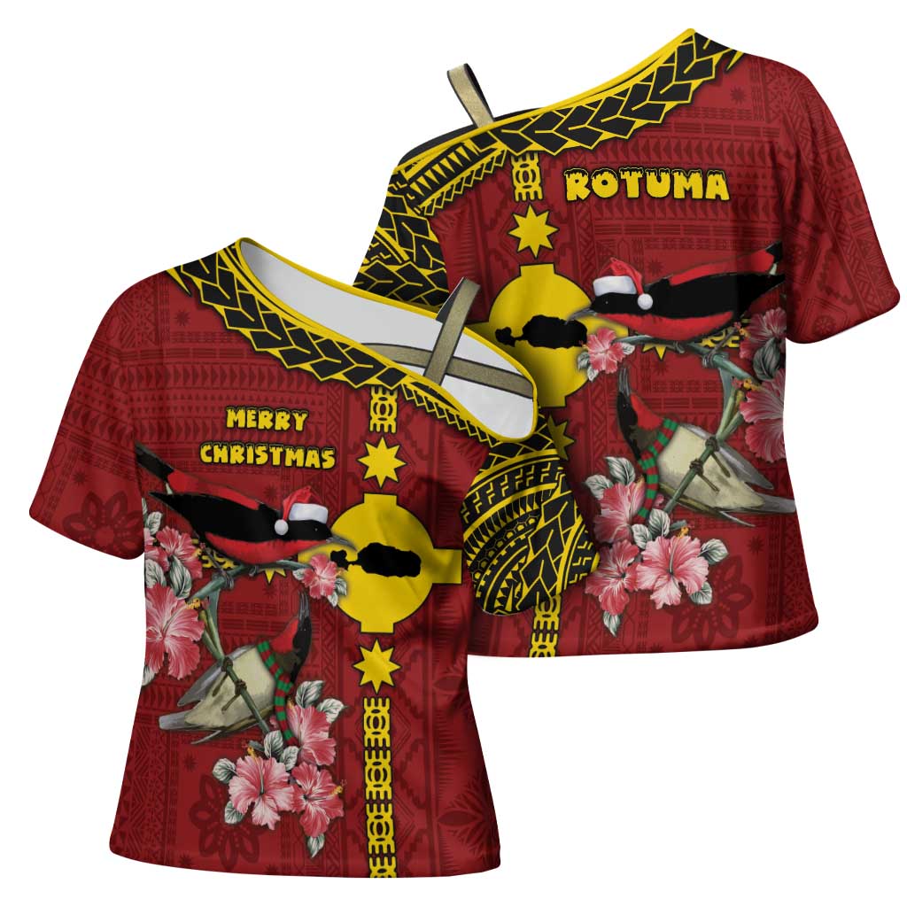 Rotuma Christmas Cross Shoulder Shirt Rotuma Myzomela Birds With Hibiscus Flowers - Polynesian Pride