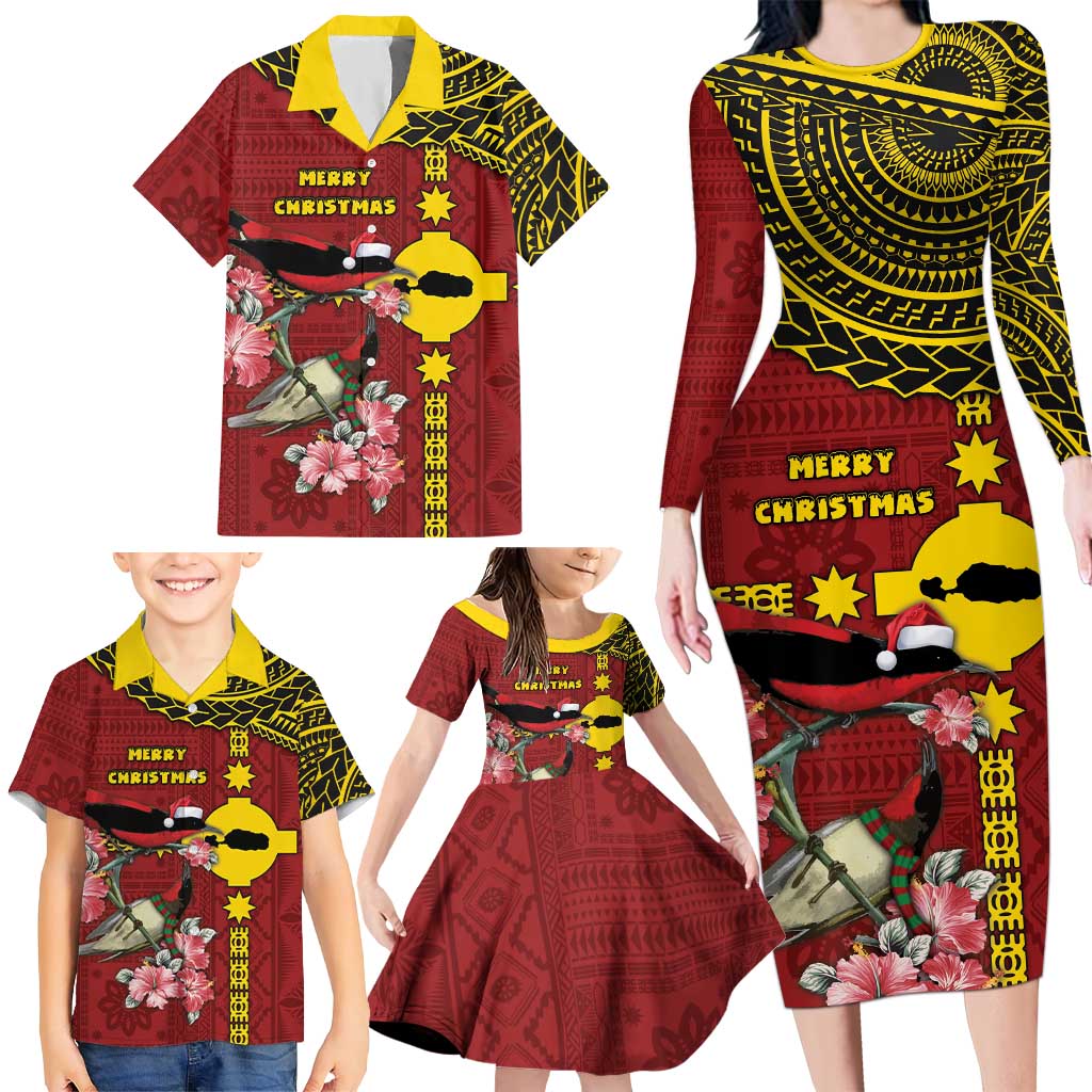 Rotuma Christmas Family Matching Long Sleeve Bodycon Dress and Hawaiian Shirt Rotuma Myzomela Birds With Hibiscus Flowers - Polynesian Pride
