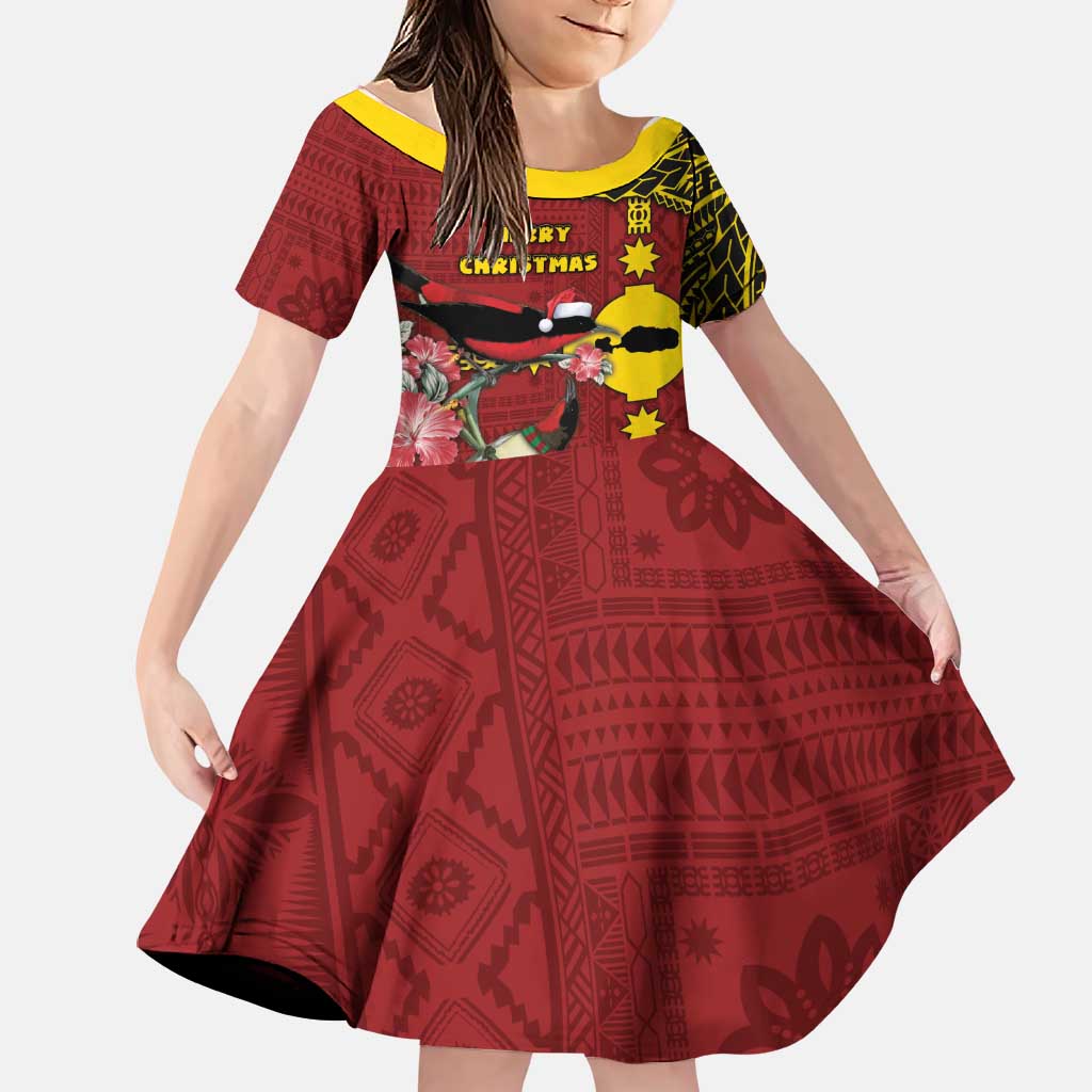 Rotuma Christmas Family Matching Mermaid Dress and Hawaiian Shirt Rotuma Myzomela Birds With Hibiscus Flowers DT05 Daughter's Dress Red - Polynesian Pride