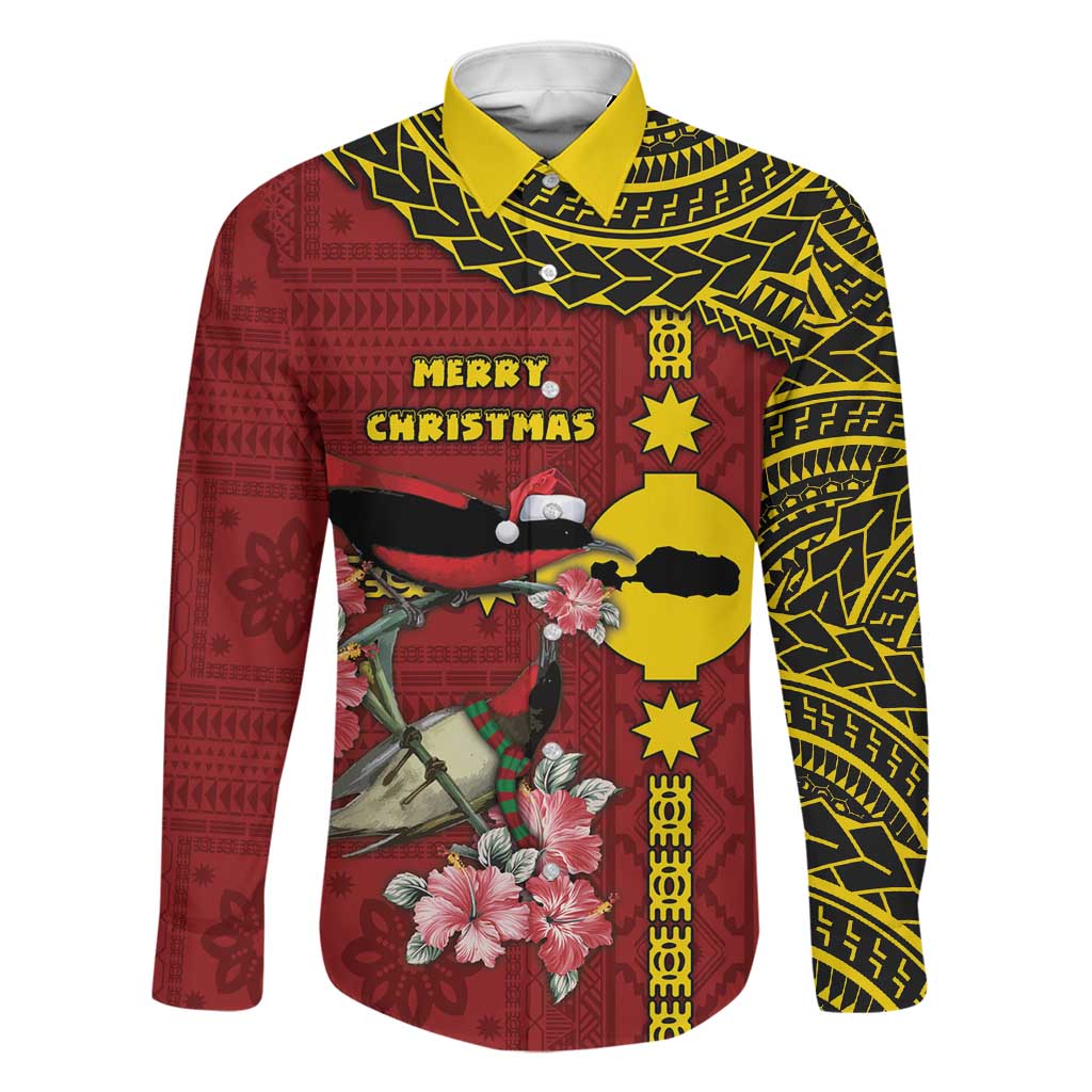 Rotuma Christmas Family Matching Mermaid Dress and Hawaiian Shirt Rotuma Myzomela Birds With Hibiscus Flowers DT05 Dad's Shirt - Long Sleeve Red - Polynesian Pride