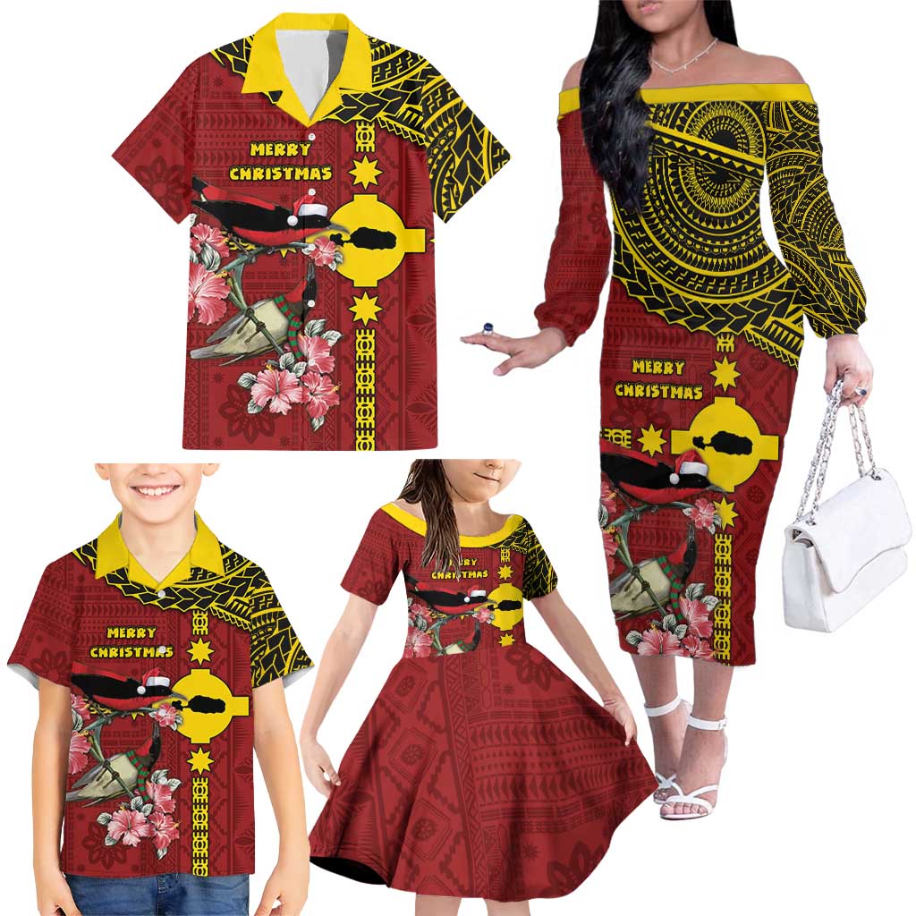 Rotuma Christmas Family Matching Off The Shoulder Long Sleeve Dress and Hawaiian Shirt Rotuma Myzomela Birds With Hibiscus Flowers - Polynesian Pride