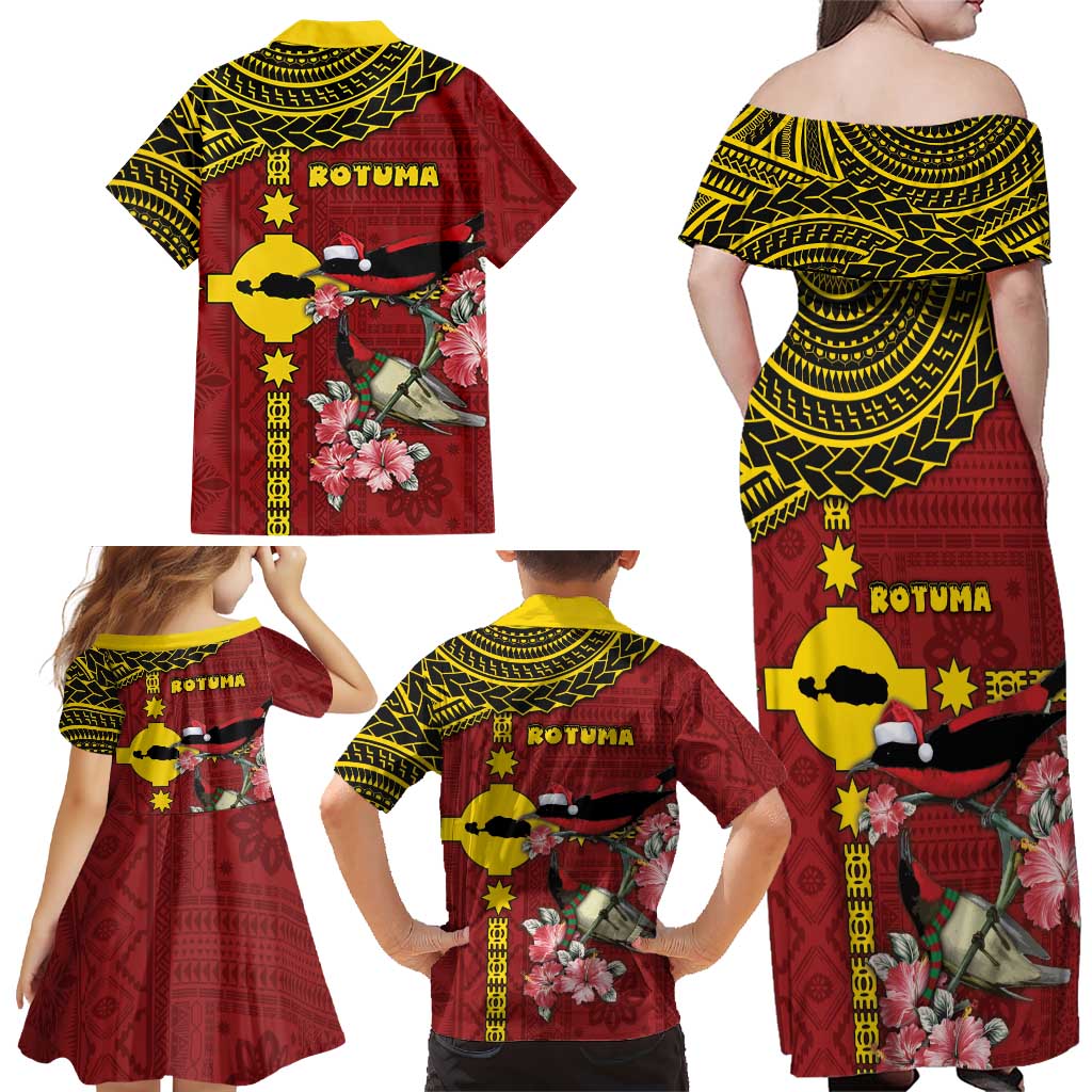 Rotuma Christmas Family Matching Off Shoulder Maxi Dress and Hawaiian Shirt Rotuma Myzomela Birds With Hibiscus Flowers DT05 - Polynesian Pride