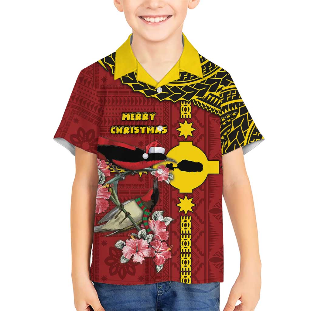 Rotuma Christmas Family Matching Off Shoulder Maxi Dress and Hawaiian Shirt Rotuma Myzomela Birds With Hibiscus Flowers DT05 Son's Shirt Red - Polynesian Pride