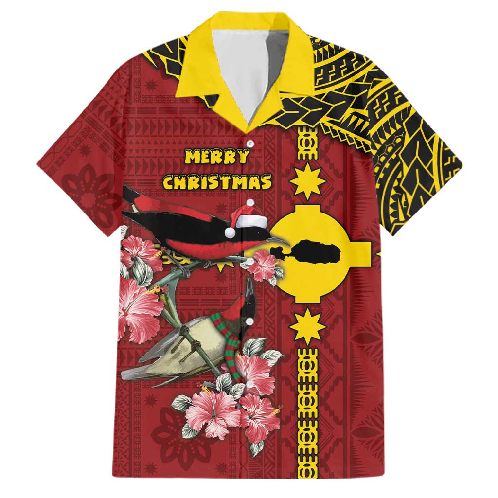 Rotuma Christmas Family Matching Off Shoulder Short Dress and Hawaiian Shirt Rotuma Myzomela Birds With Hibiscus Flowers DT05 Dad's Shirt - Short Sleeve Red - Polynesian Pride