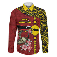 Rotuma Christmas Family Matching Tank Maxi Dress and Hawaiian Shirt Rotuma Myzomela Birds With Hibiscus Flowers DT05 Dad's Shirt - Long Sleeve Red - Polynesian Pride
