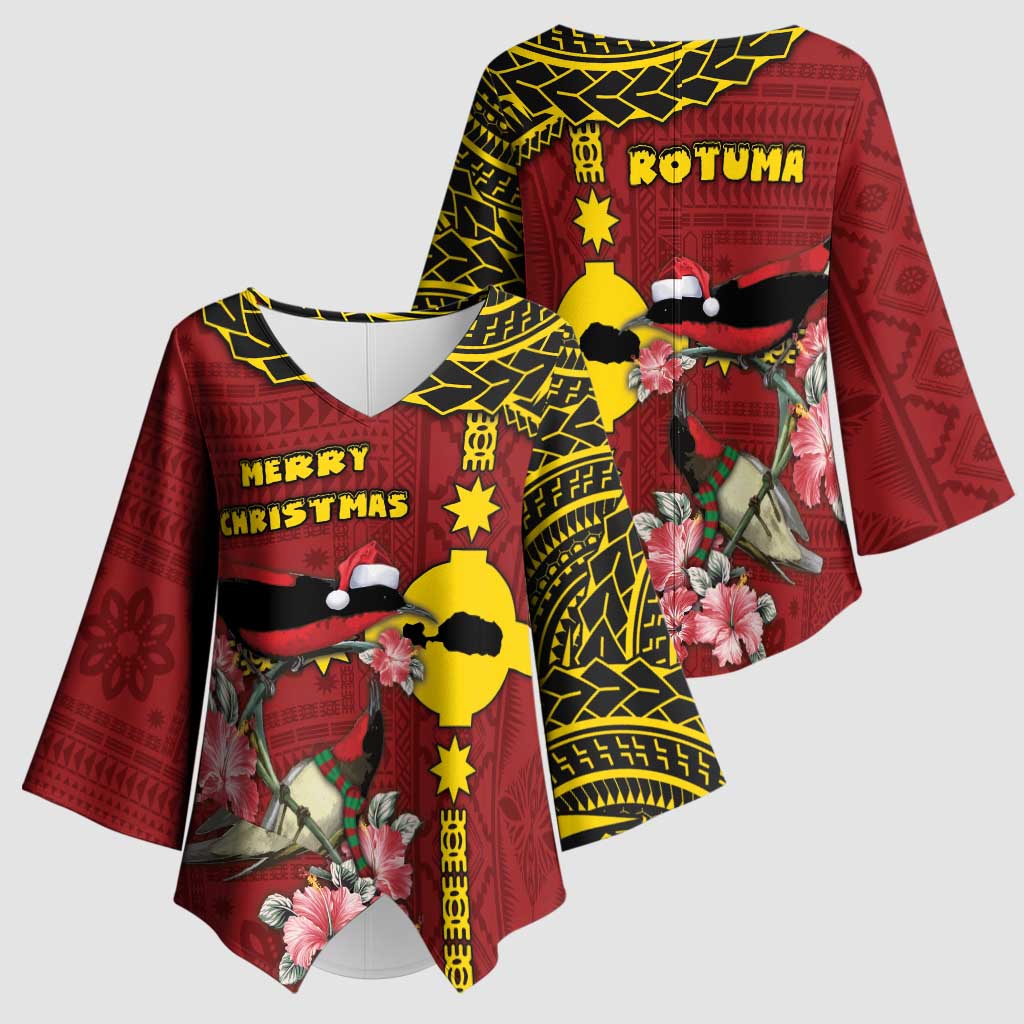 Rotuma Christmas Kimono Sleeve Blouse Rotuma Myzomela Birds With Hibiscus Flowers DT05 - Polynesian Pride