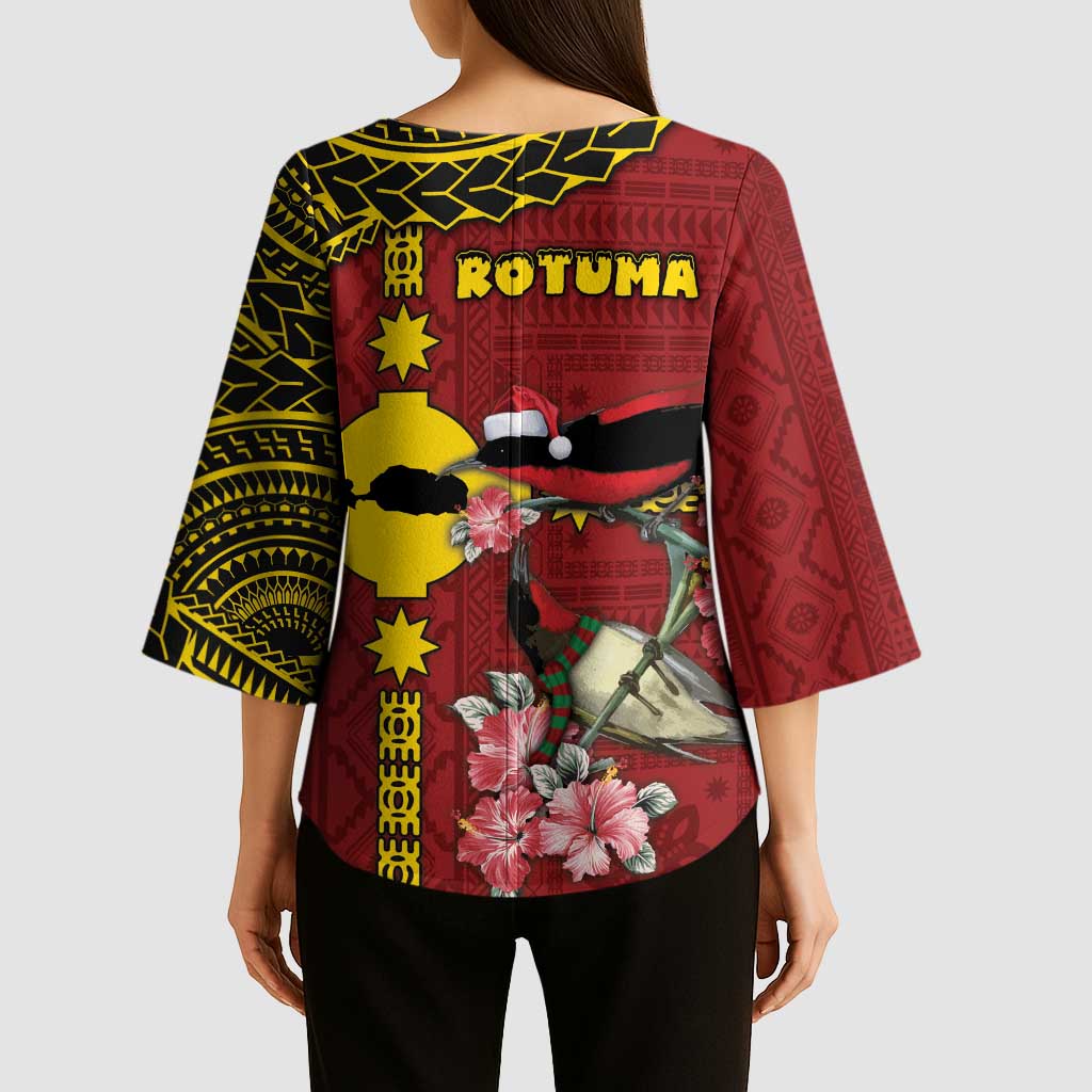Rotuma Christmas Kimono Sleeve Blouse Rotuma Myzomela Birds With Hibiscus Flowers DT05 - Polynesian Pride