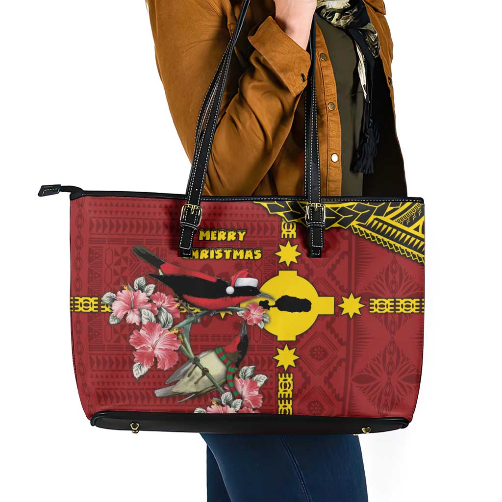 Rotuma Christmas Leather Tote Bag Rotuma Myzomela Birds With Hibiscus Flowers - Polynesian Pride
