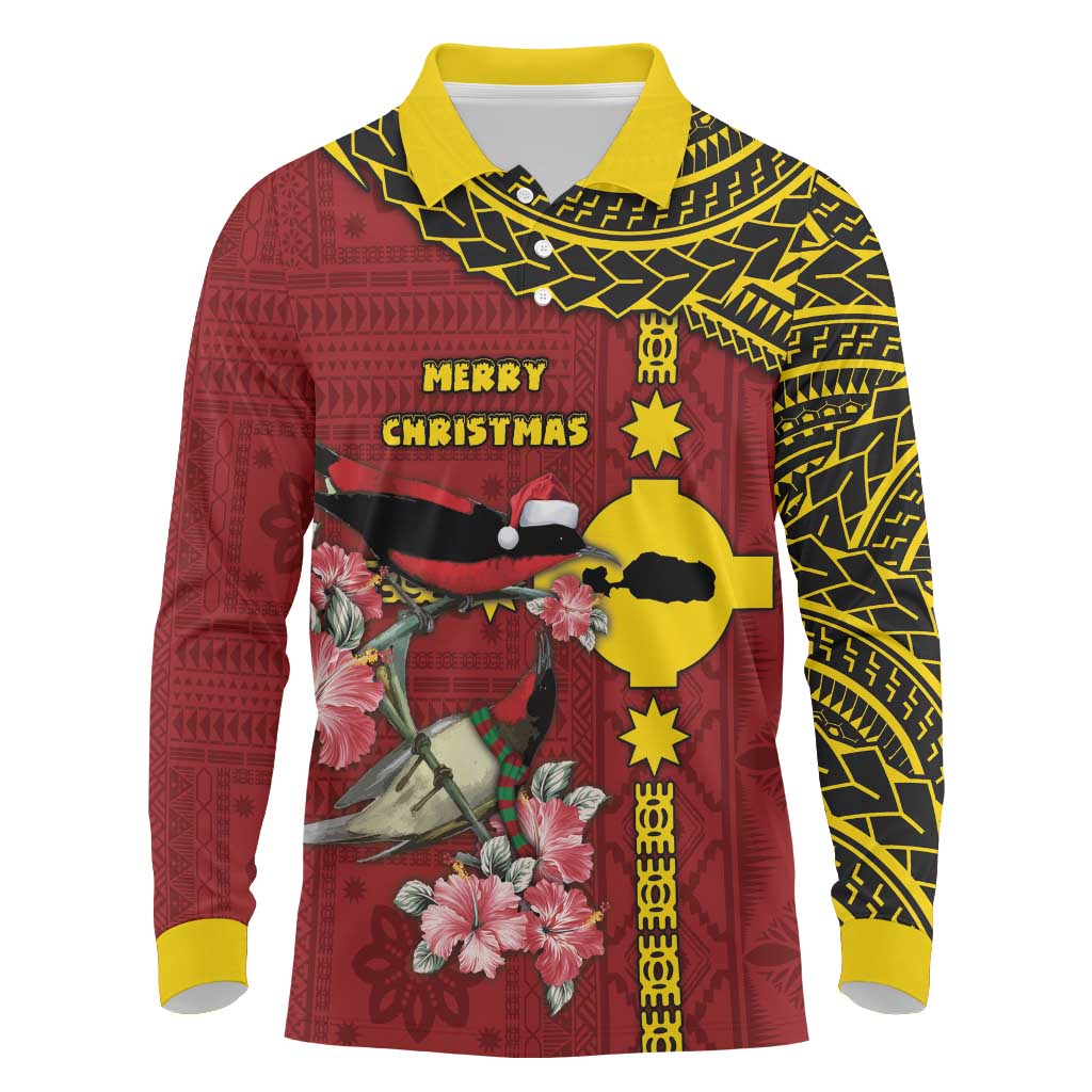 Rotuma Christmas Long Sleeve Polo Shirt Rotuma Myzomela Birds With Hibiscus Flowers DT05 Red - Polynesian Pride