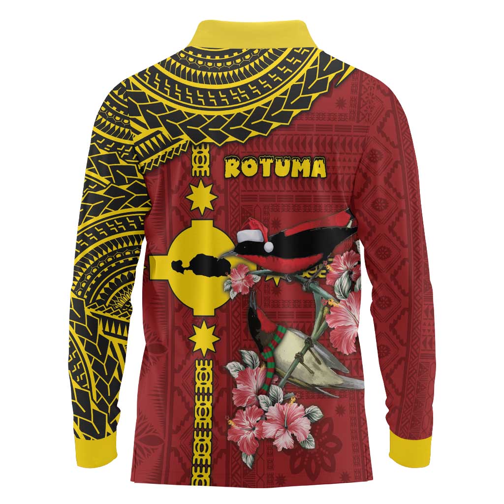 Rotuma Christmas Long Sleeve Polo Shirt Rotuma Myzomela Birds With Hibiscus Flowers DT05 - Polynesian Pride