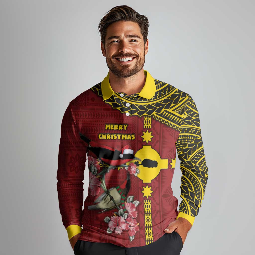 Rotuma Christmas Long Sleeve Polo Shirt Rotuma Myzomela Birds With Hibiscus Flowers DT05 - Polynesian Pride