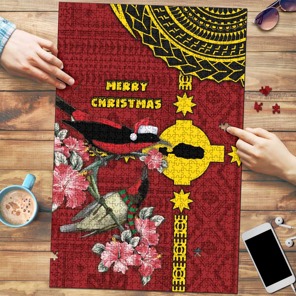 Rotuma Christmas Puzzle Rotuma Myzomela Birds With Hibiscus Flowers DT05 Red - Polynesian Pride
