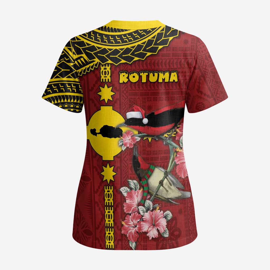 Rotuma Christmas Scrub Top Rotuma Myzomela Birds With Hibiscus Flowers DT05 - Polynesian Pride