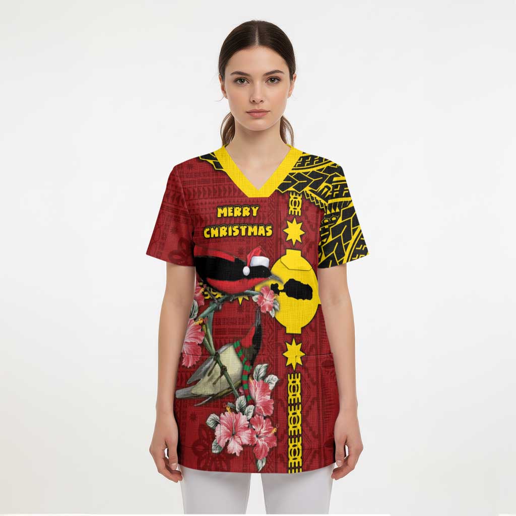 Rotuma Christmas Scrub Top Rotuma Myzomela Birds With Hibiscus Flowers DT05 - Polynesian Pride