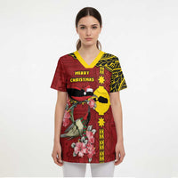 Rotuma Christmas Scrub Top Rotuma Myzomela Birds With Hibiscus Flowers DT05 - Polynesian Pride
