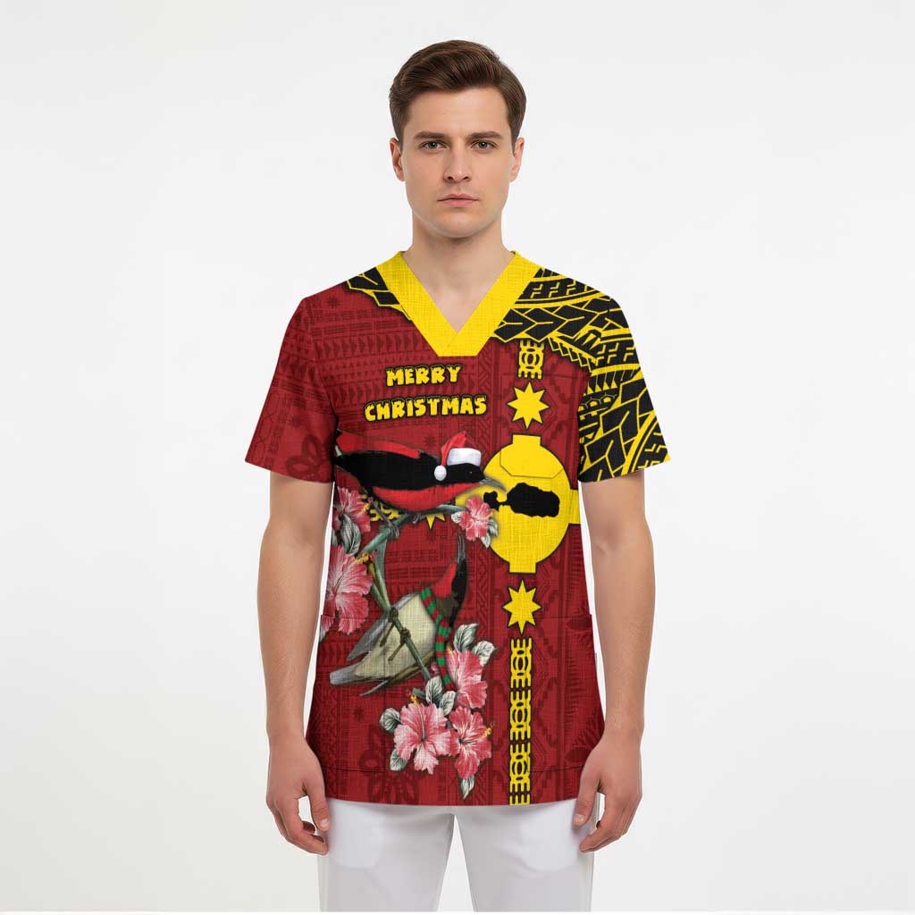Rotuma Christmas Scrub Top Rotuma Myzomela Birds With Hibiscus Flowers DT05 - Polynesian Pride