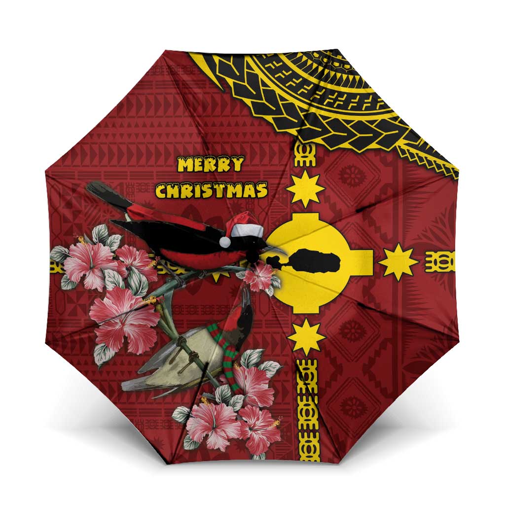 Rotuma Christmas Umbrella Rotuma Myzomela Birds With Hibiscus Flowers DT05 One Size Folded 11.42 inch Opened Diameter 37.4 inch Red - Polynesian Pride