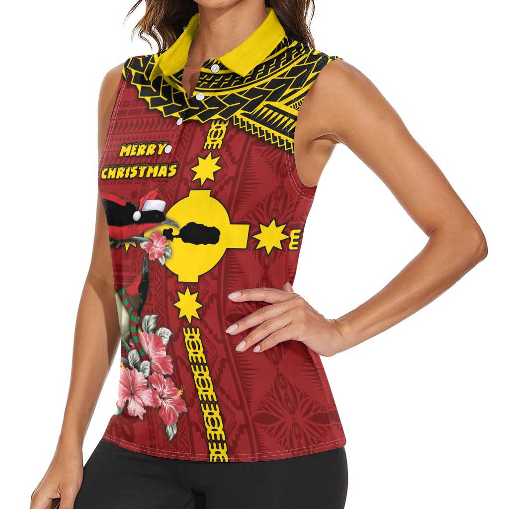 Rotuma Christmas Women Sleeveless Polo Shirt Rotuma Myzomela Birds With Hibiscus Flowers DT05 - Polynesian Pride