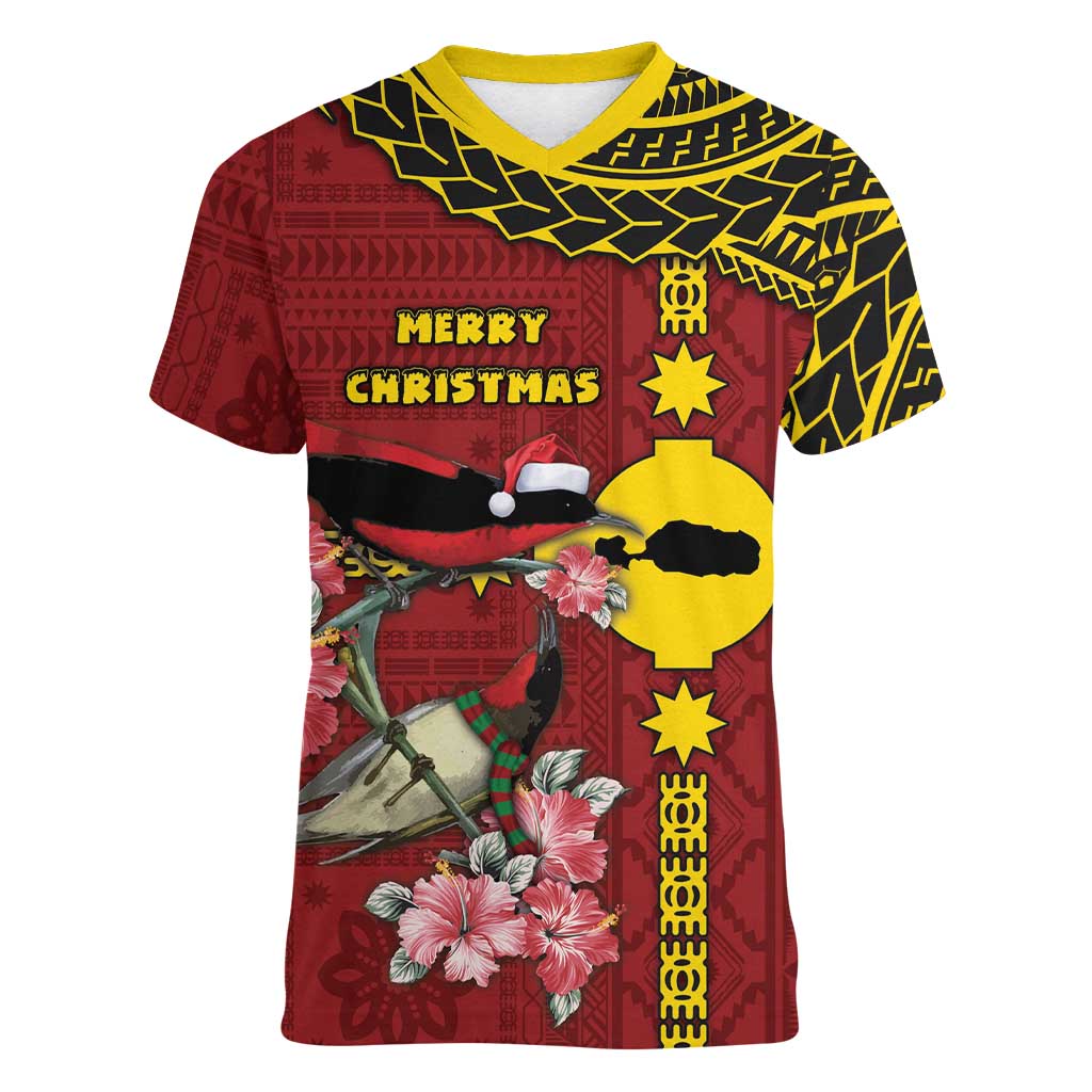 Rotuma Christmas Women V-Neck T-Shirt Rotuma Myzomela Birds With Hibiscus Flowers DT05 Female Red - Polynesian Pride