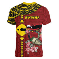 Rotuma Christmas Women V-Neck T-Shirt Rotuma Myzomela Birds With Hibiscus Flowers DT05 - Polynesian Pride