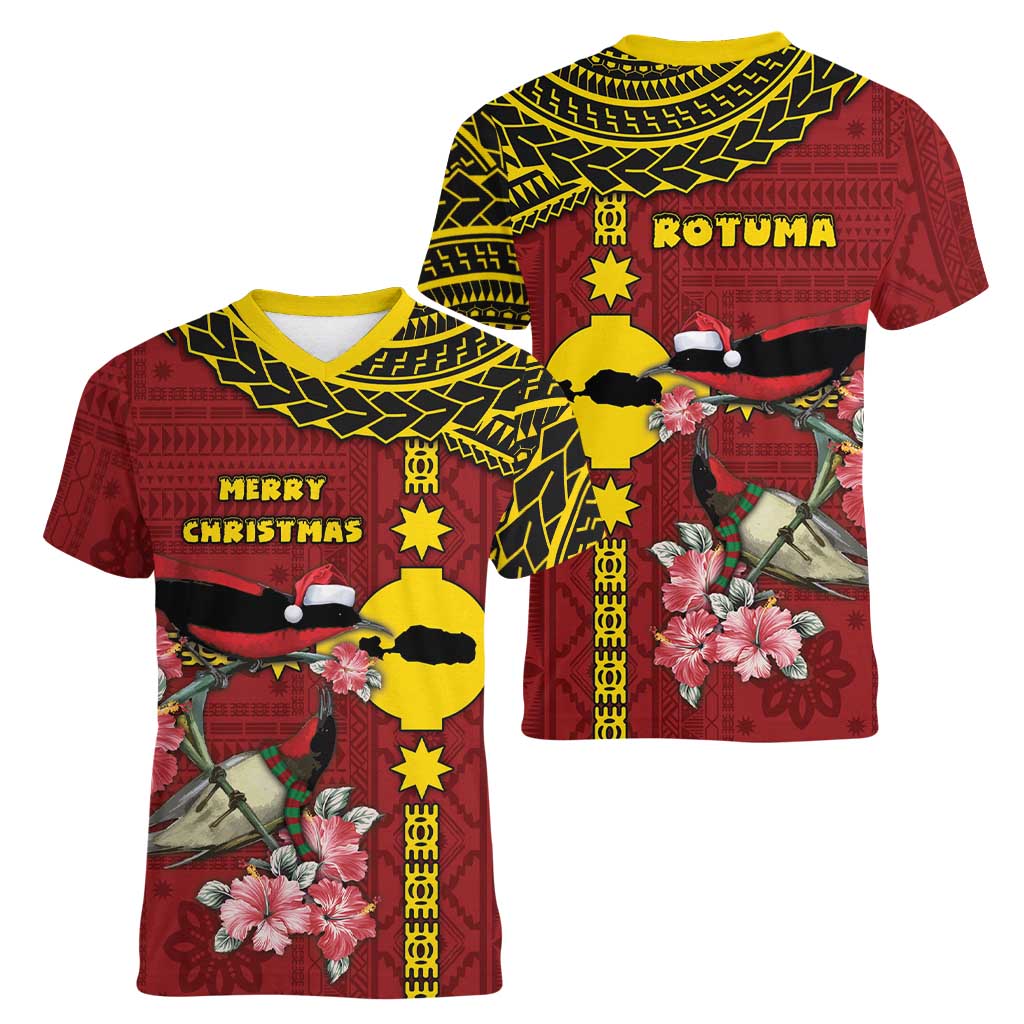 Rotuma Christmas Women V-Neck T-Shirt Rotuma Myzomela Birds With Hibiscus Flowers DT05 - Polynesian Pride