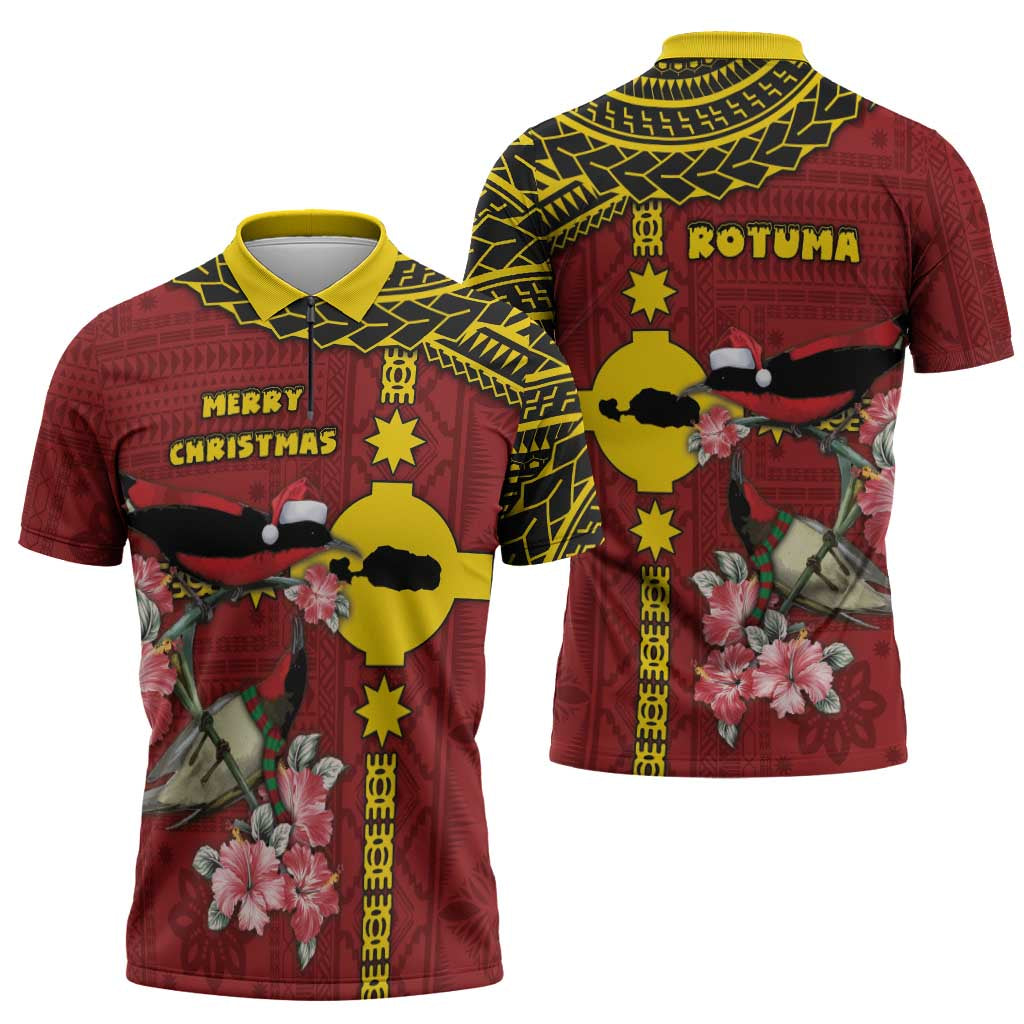Rotuma Christmas Zipper Polo Shirt Rotuma Myzomela Birds With Hibiscus Flowers - Polynesian Pride