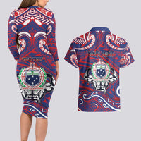 Personalised Samoa Gym Couples Matching Long Sleeve Bodycon Dress and Hawaiian Shirt Muscle Samoan Tribal Waves - Polynesian Pride