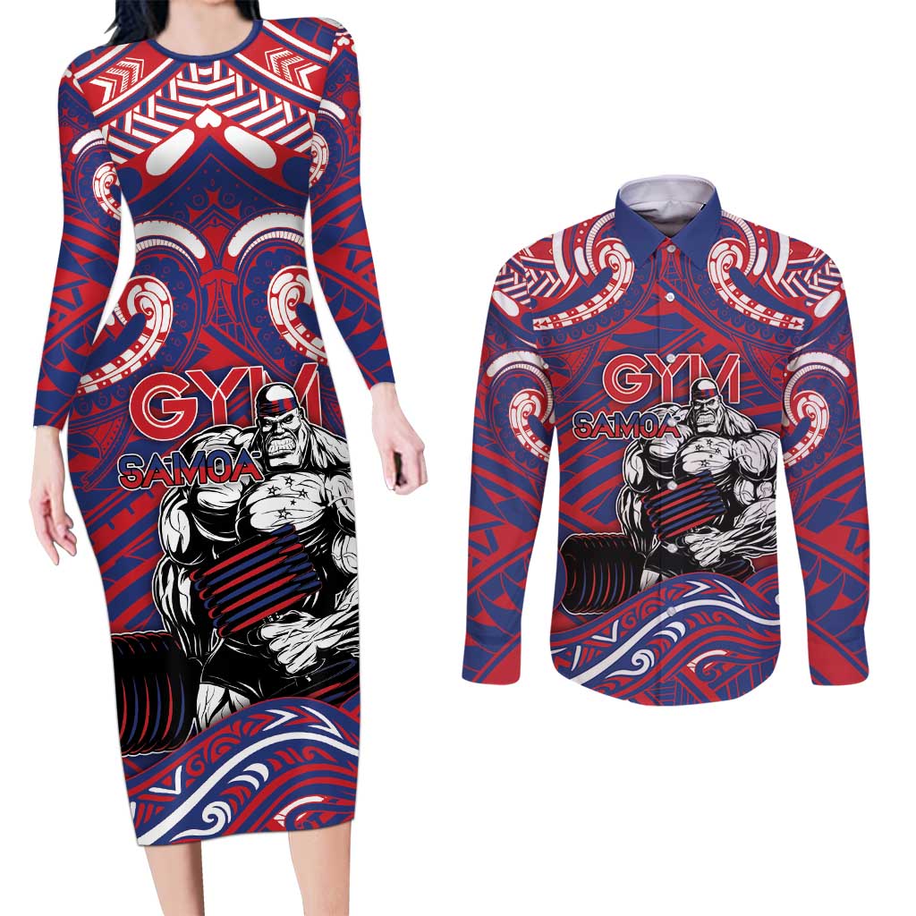 Personalised Samoa Gym Couples Matching Long Sleeve Bodycon Dress and Long Sleeve Button Shirt Muscle Samoan Tribal Waves - Polynesian Pride
