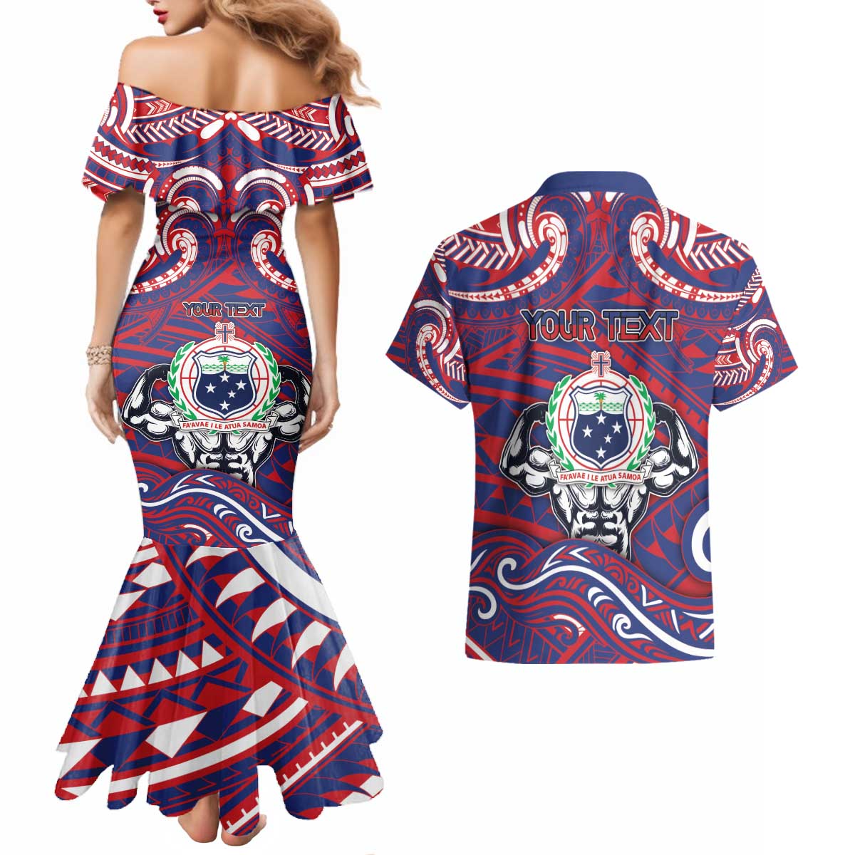 Personalised Samoa Gym Couples Matching Mermaid Dress and Hawaiian Shirt Muscle Samoan Tribal Waves - Polynesian Pride
