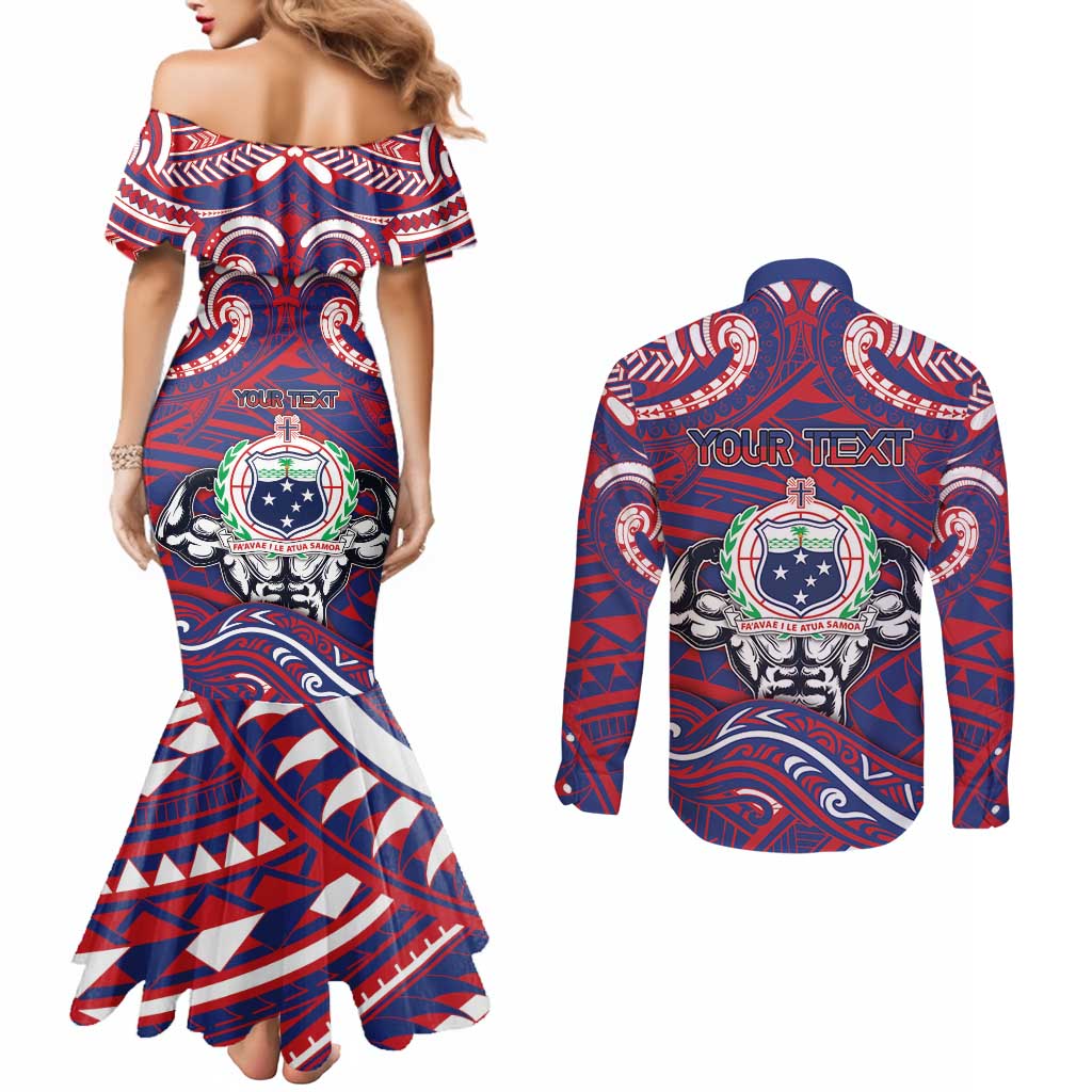 Personalised Samoa Gym Couples Matching Mermaid Dress and Long Sleeve Button Shirt Muscle Samoan Tribal Waves - Polynesian Pride