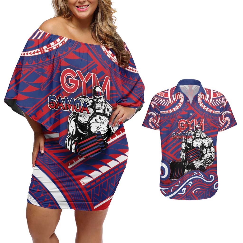 Personalised Samoa Gym Couples Matching Off Shoulder Short Dress and Hawaiian Shirt Muscle Samoan Tribal Waves - Polynesian Pride
