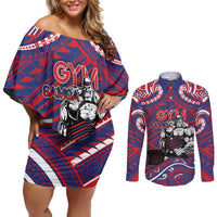 Personalised Samoa Gym Couples Matching Off Shoulder Short Dress and Long Sleeve Button Shirt Muscle Samoan Tribal Waves - Polynesian Pride