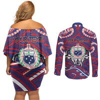 Personalised Samoa Gym Couples Matching Off Shoulder Short Dress and Long Sleeve Button Shirt Muscle Samoan Tribal Waves - Polynesian Pride