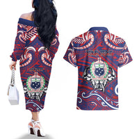 Personalised Samoa Gym Couples Matching Off The Shoulder Long Sleeve Dress and Hawaiian Shirt Muscle Samoan Tribal Waves - Polynesian Pride