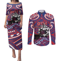 Personalised Samoa Gym Couples Matching Puletasi and Long Sleeve Button Shirt Muscle Samoan Tribal Waves - Polynesian Pride