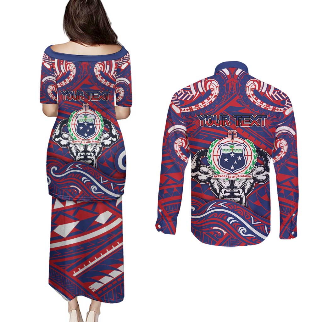 Personalised Samoa Gym Couples Matching Puletasi and Long Sleeve Button Shirt Muscle Samoan Tribal Waves - Polynesian Pride