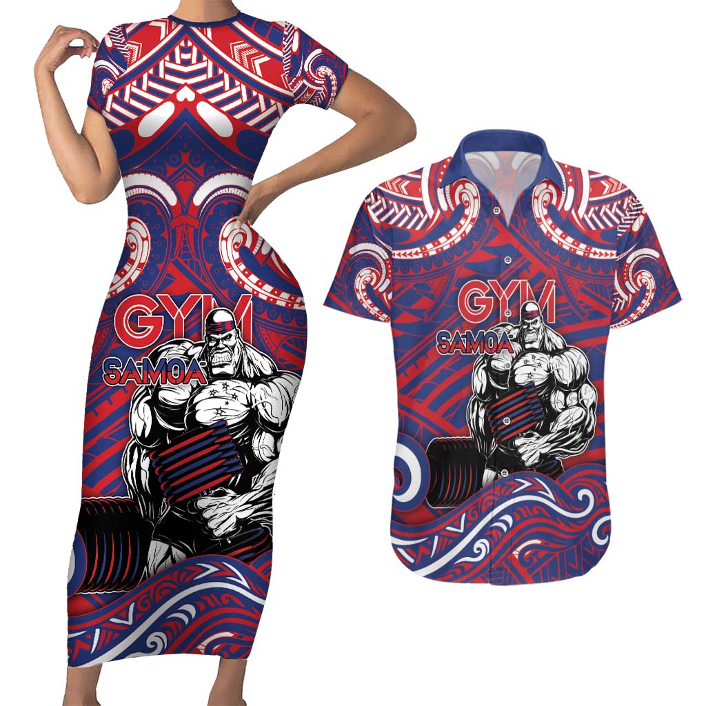 Personalised Samoa Gym Couples Matching Short Sleeve Bodycon Dress and Hawaiian Shirt Muscle Samoan Tribal Waves - Polynesian Pride