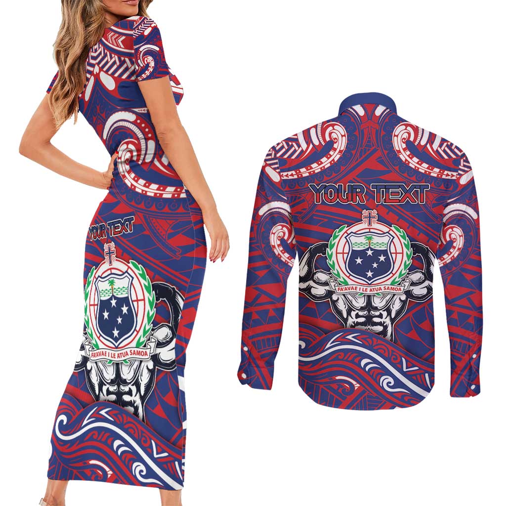 Personalised Samoa Gym Couples Matching Short Sleeve Bodycon Dress and Long Sleeve Button Shirt Muscle Samoan Tribal Waves - Polynesian Pride