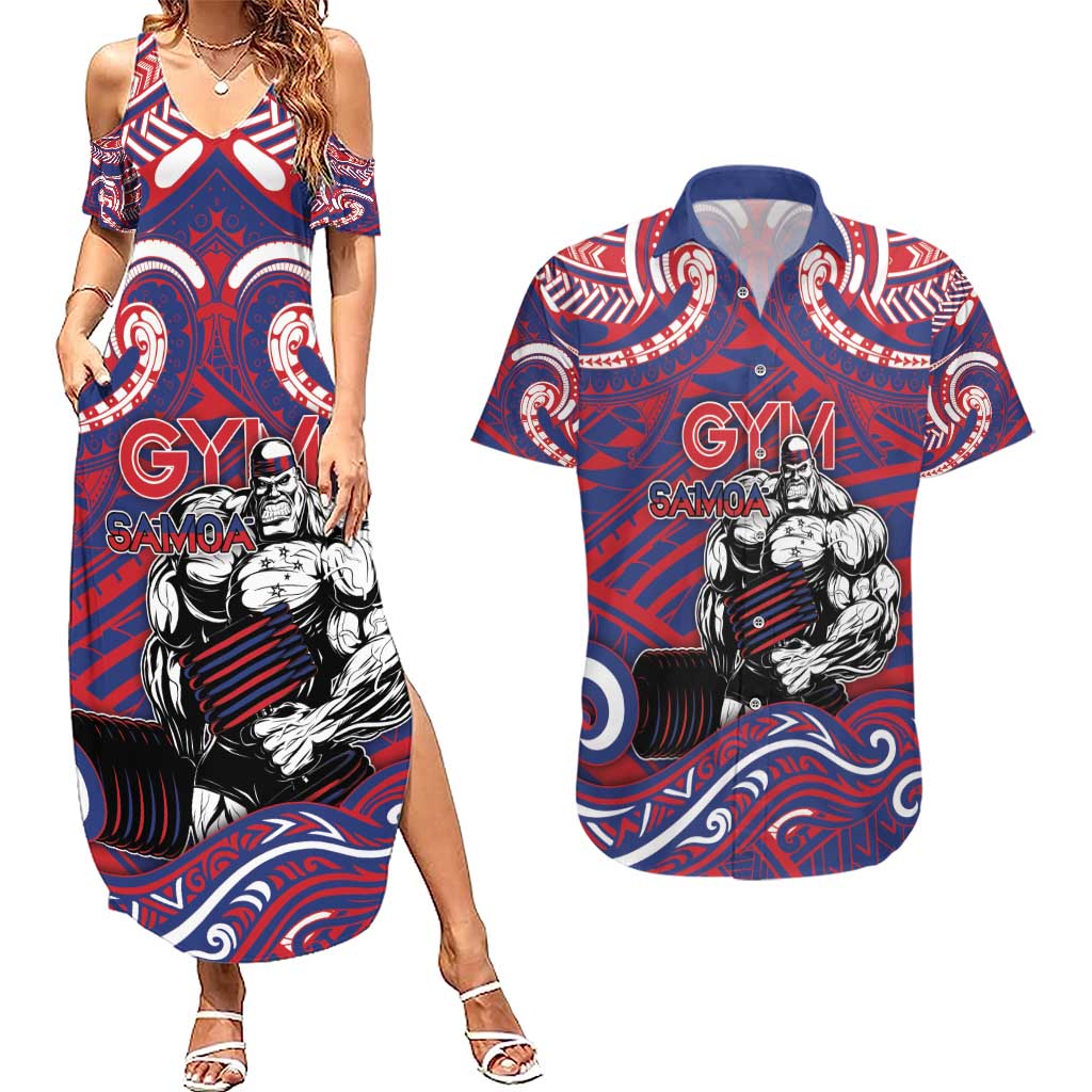 Personalised Samoa Gym Couples Matching Summer Maxi Dress and Hawaiian Shirt Muscle Samoan Tribal Waves - Polynesian Pride