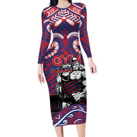 Personalised Samoa Gym Family Matching Long Sleeve Bodycon Dress and Hawaiian Shirt Muscle Samoan Tribal Waves DT05 Mom's Dress Navy - Polynesian Pride