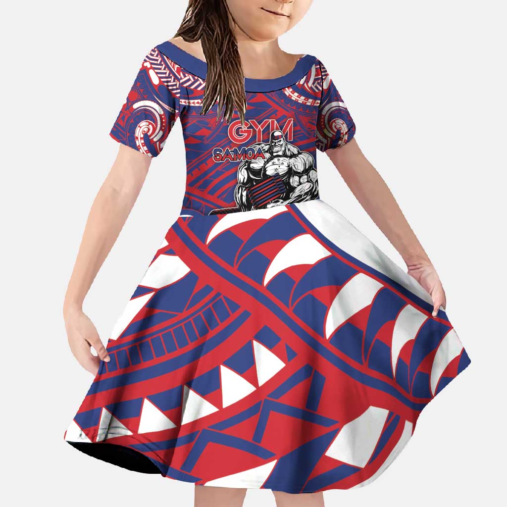 Personalised Samoa Gym Family Matching Mermaid Dress and Hawaiian Shirt Muscle Samoan Tribal Waves DT05 Daughter's Dress Navy - Polynesian Pride